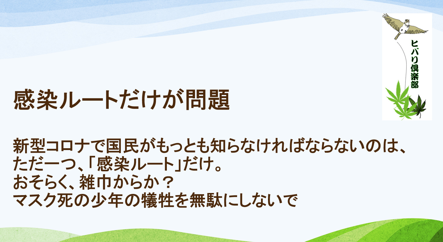 感染ルートだけが問題 新型コロナで国民がもっとも知らなければならない ただ一つ 感染ルート だけ おそらく 雑巾からか マスク死の少年の犠牲を無駄にしないで ヒバリクラブ 感染ルートだけが問題 新型コロナで国民がもっとも知らなければならない ただ一つ 感染ルート だけ おそらく 雑巾からか マスク死の少年の犠牲を無駄にしないで ヒバリクラブ